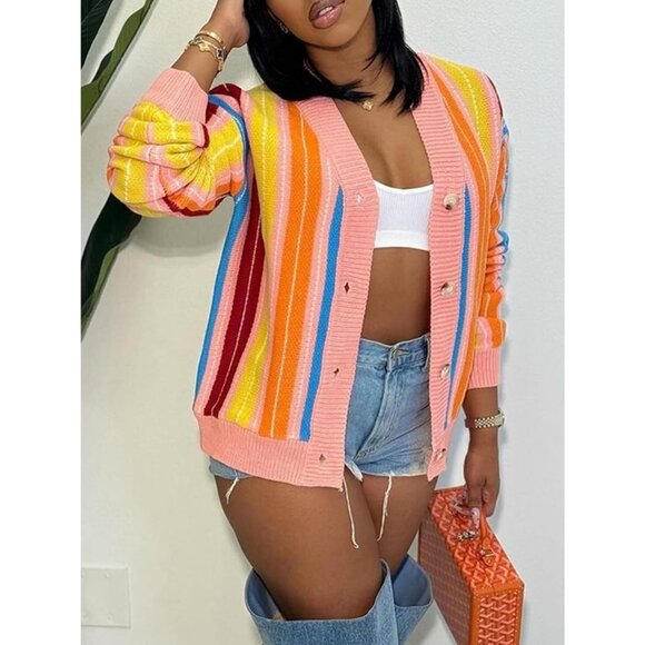 Women's Rainbow Striped Long Sleeve V Neck Loose Button Sweater Coat - Picture 3 of 6